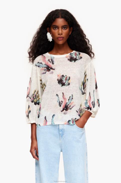 Bimba Y Lola ленен пуловер с коралов принт слонова кост облекло 28R6R353