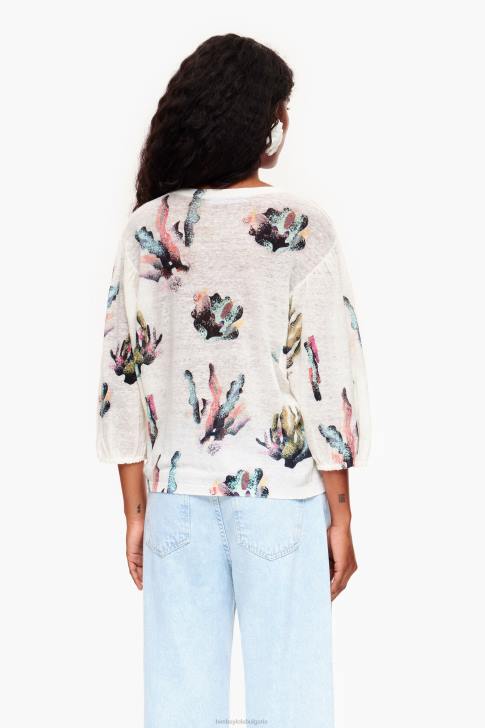 Bimba Y Lola ленен пуловер с коралов принт слонова кост облекло 28R6R353