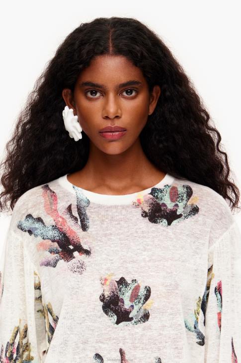 Bimba Y Lola ленен пуловер с коралов принт слонова кост облекло 28R6R353