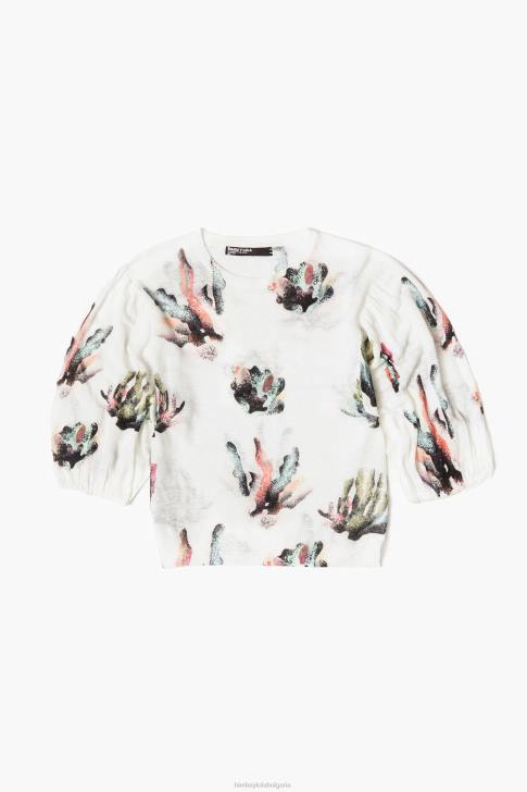 Bimba Y Lola ленен пуловер с коралов принт слонова кост облекло 28R6R353