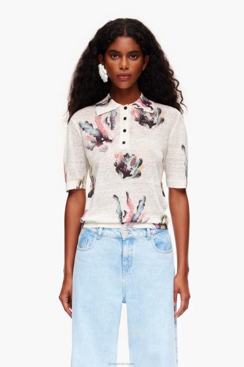 Bimba Y Lola плетена поло тениска с коралов принт слонова кост облекло 28R6R354